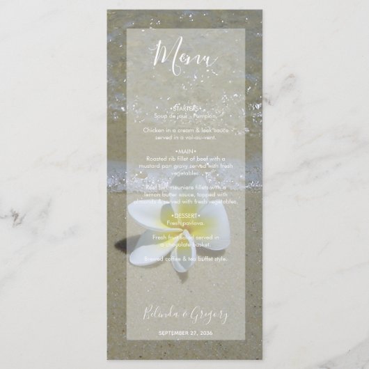 Plumeria Frangipani op zand bruiloft Menu (Voorkant)