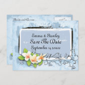 plumeria ivy blauw wit Save the Date Aankondigingskaart (Voorkant / Achterkant)
