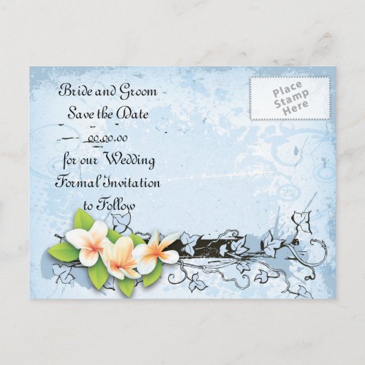  plumeria ivy blauw wit Save the Date Aankondigingskaart (Achterkant)