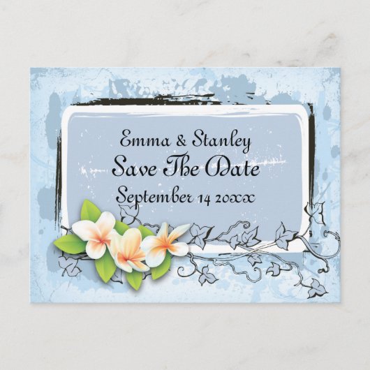 plumeria ivy blauw wit Save the Date Aankondigingskaart (Voorkant)
