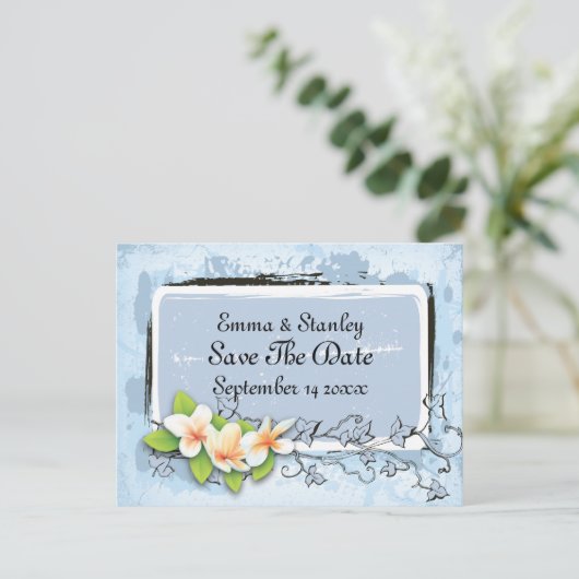 plumeria ivy blauw wit Save the Date Aankondigingskaart (Staand voorkant)