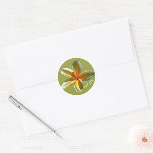 Plumeria met Aloha Ronde Sticker (Envelop)