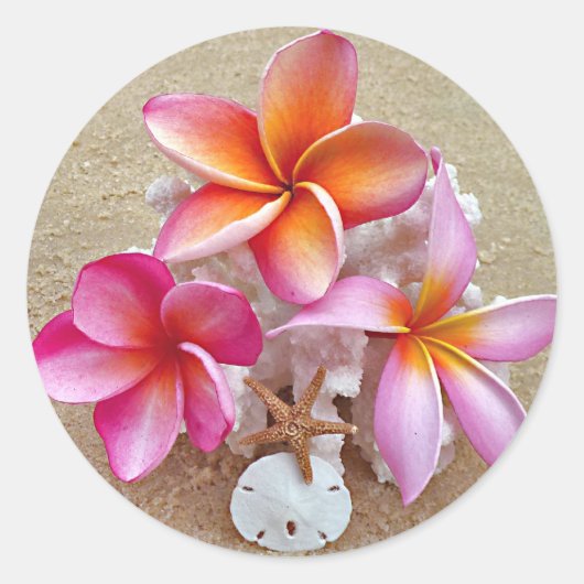 Plumeria op schelpen op het strand ronde sticker (Voorkant)