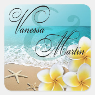 Plumeria Starfish Beach Tropical Hawaii Favor Vierkante Sticker