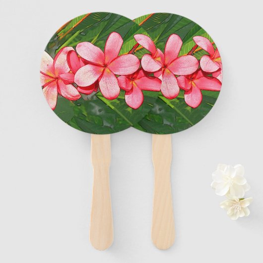Plumerias roze witte wattenmasker handwaaier (Voorkant en achterkant)