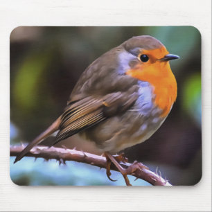 Plump Robin Perched on a Branch Wildlife Art Muismat