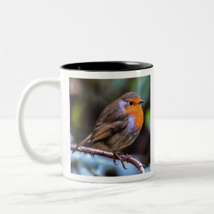 Plump Robin Perched on a Branch Wildlife Art Tweekleurige Koffiemok