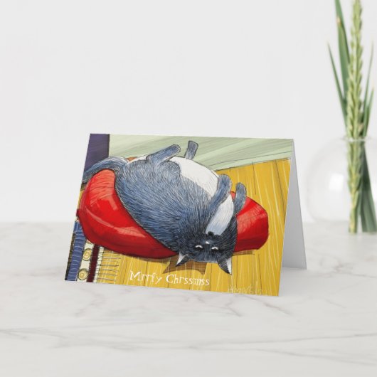 Plump Tuxedo cat upside down Christmas edition Feestdagen Kaart (Voorkant)