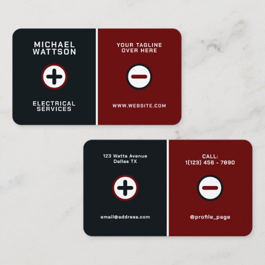 Plus min batterij elektrische stijl visitekaartje (Voorkant / Achterkant)