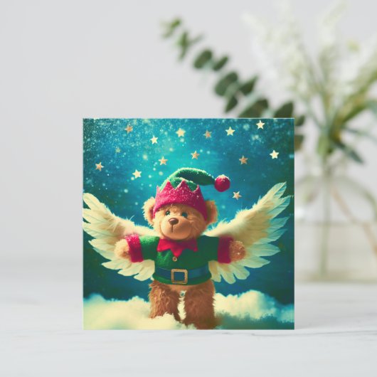 Plüschbär als Engel mit Flügelchen Sternenhimmel Feestdagenkaart (Staand voorkant)