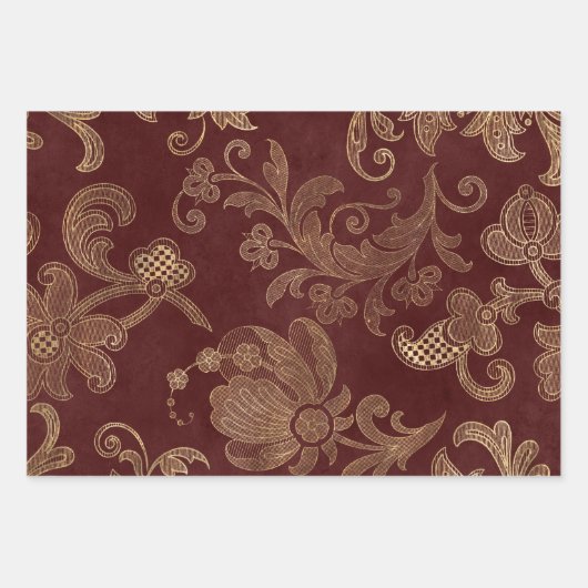 Plush Burgundy Red en Gold Damask Inpakpapier Vel (Voorkant 2)