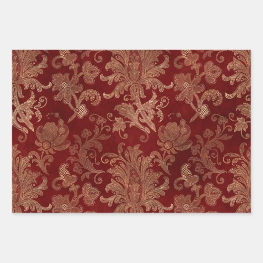 Plush Burgundy Red en Gold Damask Inpakpapier Vel (Voorkant)