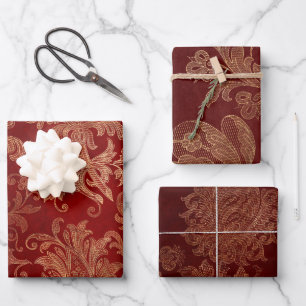 Plush Burgundy Red en Gold Damask Inpakpapier Vel
