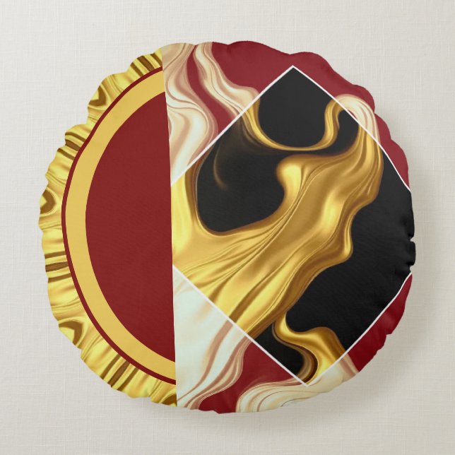 Plush Prestige: Gilded Zenith Opulent Swirl Design Rond Kussen (Voorkant)