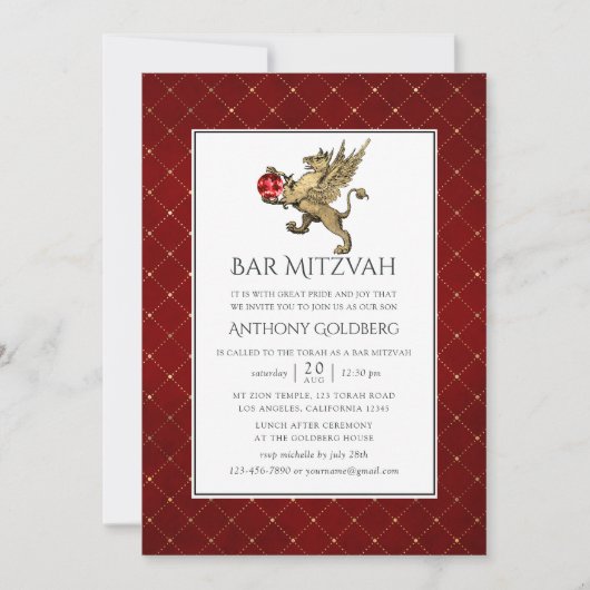 Plush Red and Gold Damask en Lattice Bar Mitzvah Kaart (Voorkant)