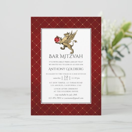 Plush Red and Gold Damask en Lattice Bar Mitzvah Kaart (Staand voorkant)