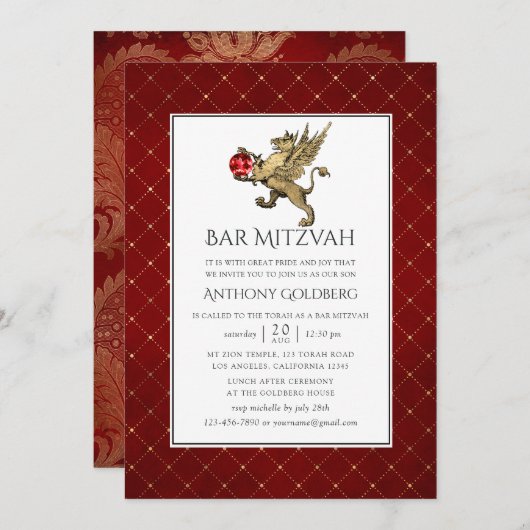 Plush Red and Gold Damask en Lattice Bar Mitzvah Kaart (Voorkant / Achterkant)