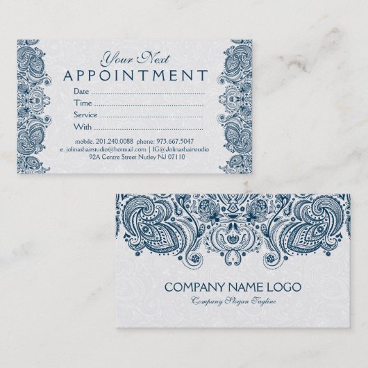 Plush White en Blue Paisley Lace Appointment Card Afsprakenkaartje (Voorkant / Achterkant)