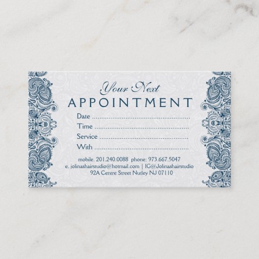 Plush White en Blue Paisley Lace Appointment Card Afsprakenkaartje (Voorkant)