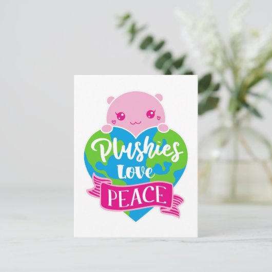Plushies Love Peace | Cute Kawaii Heart Earth Briefkaart (Staand voorkant)