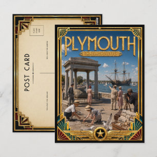 Plymouth Massachusetts Vintage Art Deco Gouden Tij Briefkaart