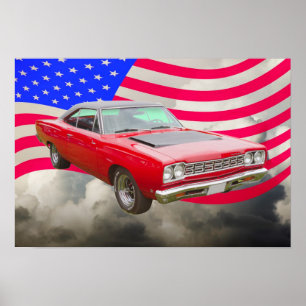 Plymouth Roadrunner And American Flag Poster