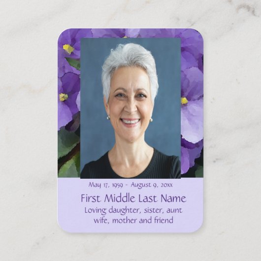 Pocket Keepsake Memorial African Violet Paarse Visitekaartje (Achterkant)