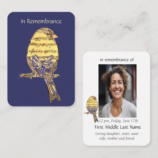 Pocket Keepsake Memorial Onthoud Muziek Song Bird Visitekaartje (Voorkant / Achterkant)