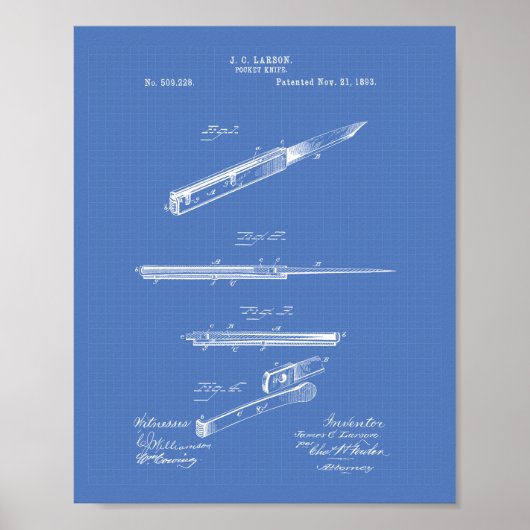 Pocket Knife 1893 Patent Art Blueprint Poster (Voorkant)
