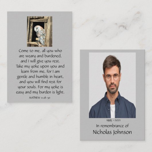 Pocket Memorial Foto Prayer Barn Owl Visitekaartje (Voorkant / Achterkant)