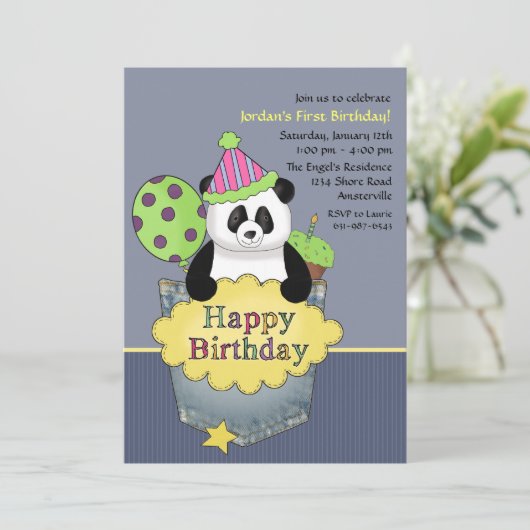 Pocket Panda Birthday Party Invitation Kaart (Staand voorkant)