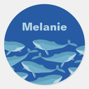 Pod of Whales Zwemmen Donkerblauw Gepersonaliseerd Ronde Sticker