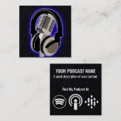 Podcast: blauwe hoofdtelefoon en microfoon vierkante visitekaartje (Voorkant / Achterkant)