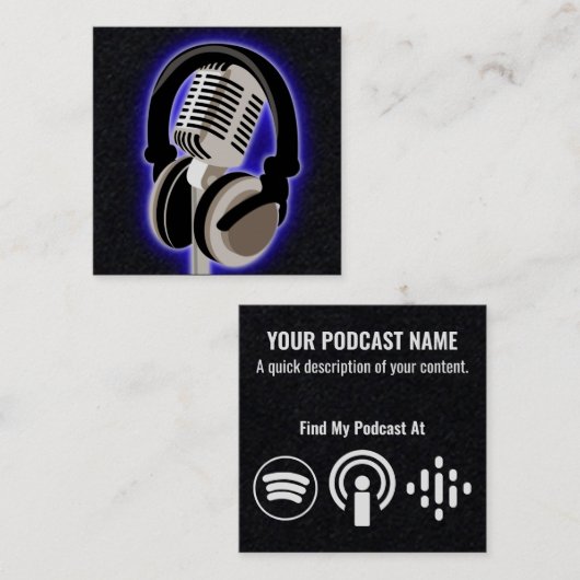 Podcast: blauwe hoofdtelefoon en microfoon vierkante visitekaartje (Voorkant / Achterkant)