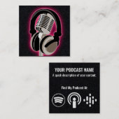 Podcast gloeiende roze hoofdtelefoon en microfoon vierkante visitekaartje (Voorkant / Achterkant)
