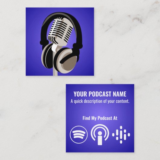 Podcast Microfoonhoofdtelefoon Blauw Vierkante Visitekaartje (Voorkant / Achterkant)