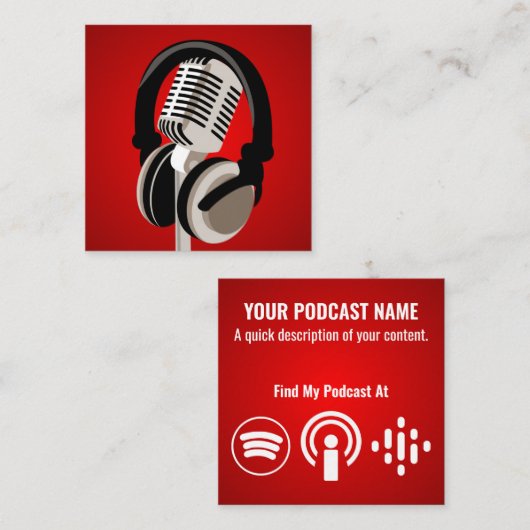 Podcast Microfoonhoofdtelefoon Rood Vierkante Visitekaartje (Voorkant / Achterkant)