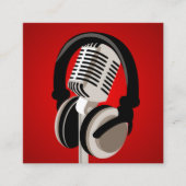Podcast Microfoonhoofdtelefoon Rood Vierkante Visitekaartje (Voorkant)