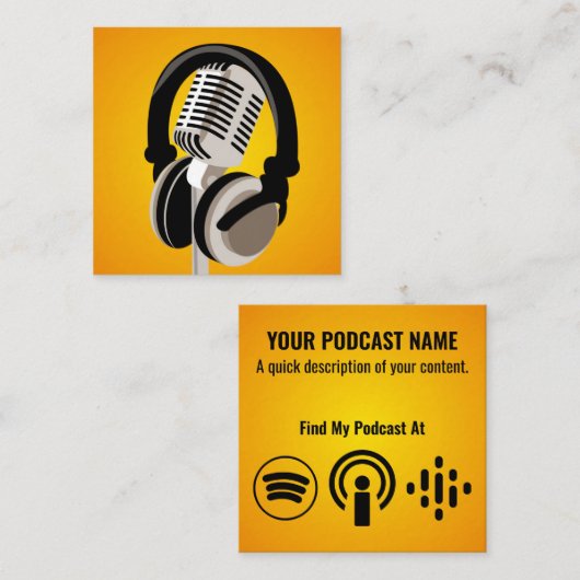 Podcast Sinaasappel microfoonhoofdtelefoon Vierkante Visitekaartje (Voorkant / Achterkant)