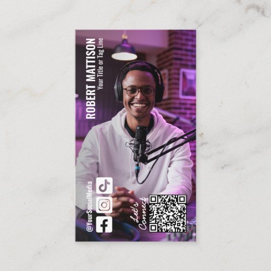 Podcaster Social Media QR Code Foto Visitekaartje (Voorkant)