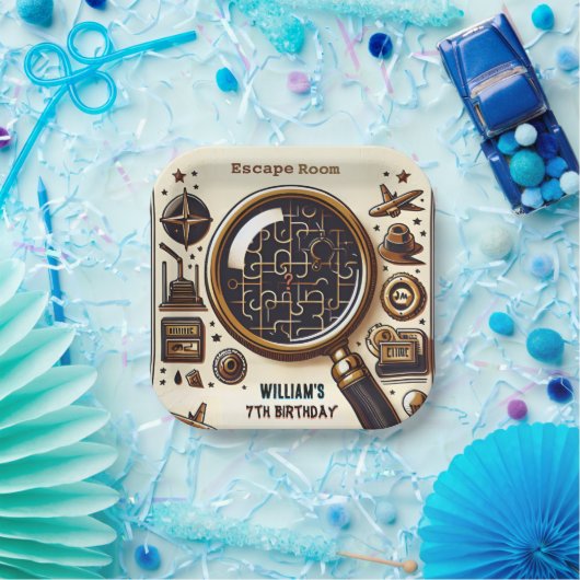 podium Clue Spy Escape Room 7e Verjaardag uitnodig Papieren Bordje (Feest)