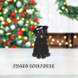 Podle Teacup | Zwart Ornament Fotobeeldje Ornament<br><div class="desc">Kute,  krullende haren,  zwarte,  teacup poodle met roze boog bovenop het hoofd. Schattige ogen en roze tong uit. Grafische illustratie: Lori@SaltTownStudio</div>