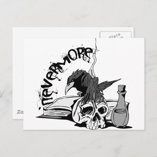 Poe Nevermore Raven Skull & Book Briefkaart (Voorkant / Achterkant)