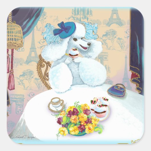 Poedel Cupcake Tea Party Vierkante Sticker (Voorkant)