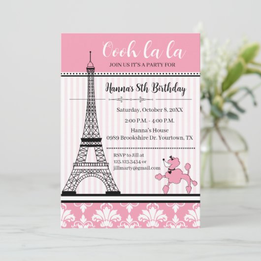 Poedel & Eiffeltoren Thema Verjaardag Uitnodiging (Staand voorkant)