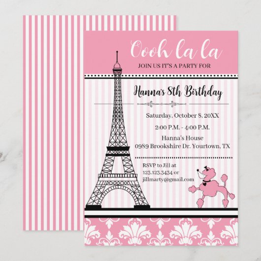 Poedel & Eiffeltoren Thema Verjaardag Uitnodiging (Voorkant / Achterkant)