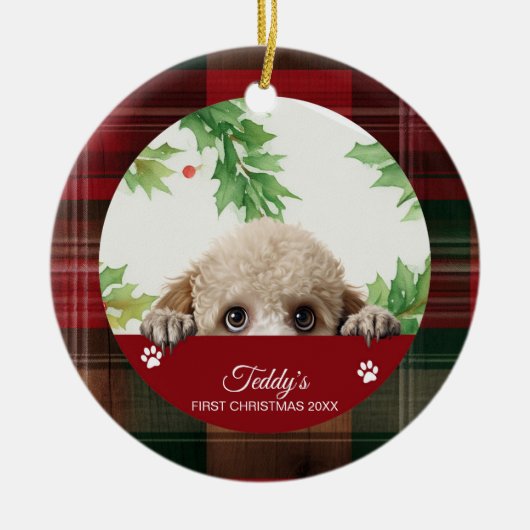 Poedel gepersonaliseerde eerste kerst keramisch ornament (Voorkant)