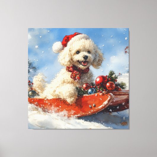 Poedel Hond in Sledge Laat het Sneeuw Kerstmis Canvas Afdruk (Voorkant)