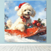 Poedel Hond in Sledge Laat het Sneeuw Kerstmis Canvas Afdruk (Insitu (Houten vloer))
