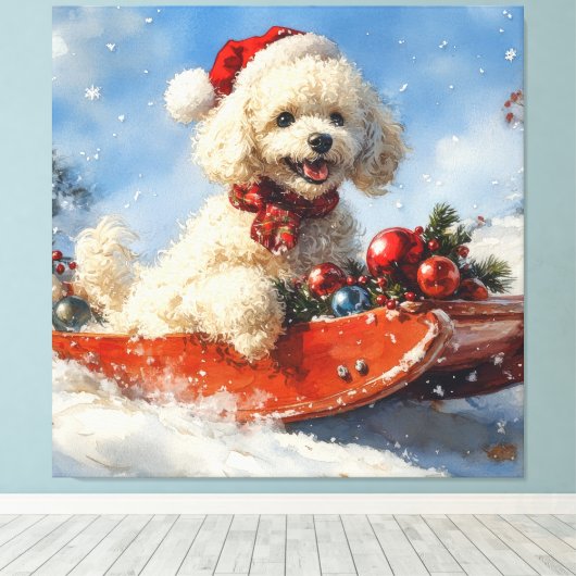 Poedel Hond in Sledge Laat het Sneeuw Kerstmis Canvas Afdruk (Insitu (Houten vloer))